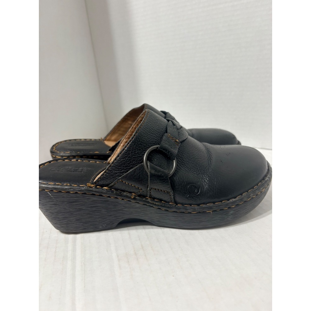 Born Brayden II Black Leather Clogs Braided Strap Wedge Mules Handcrafted